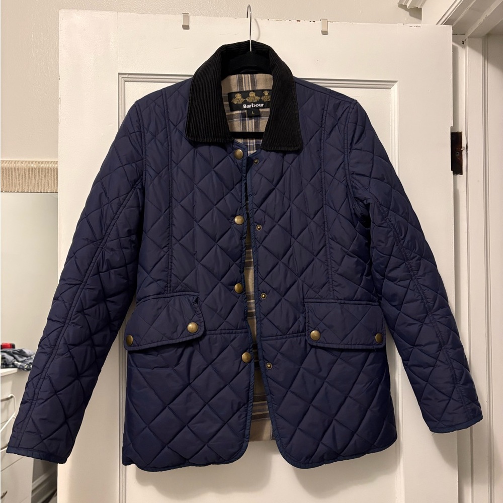 Barbour Navy Quilted Jacket with Black Corduroy Collar